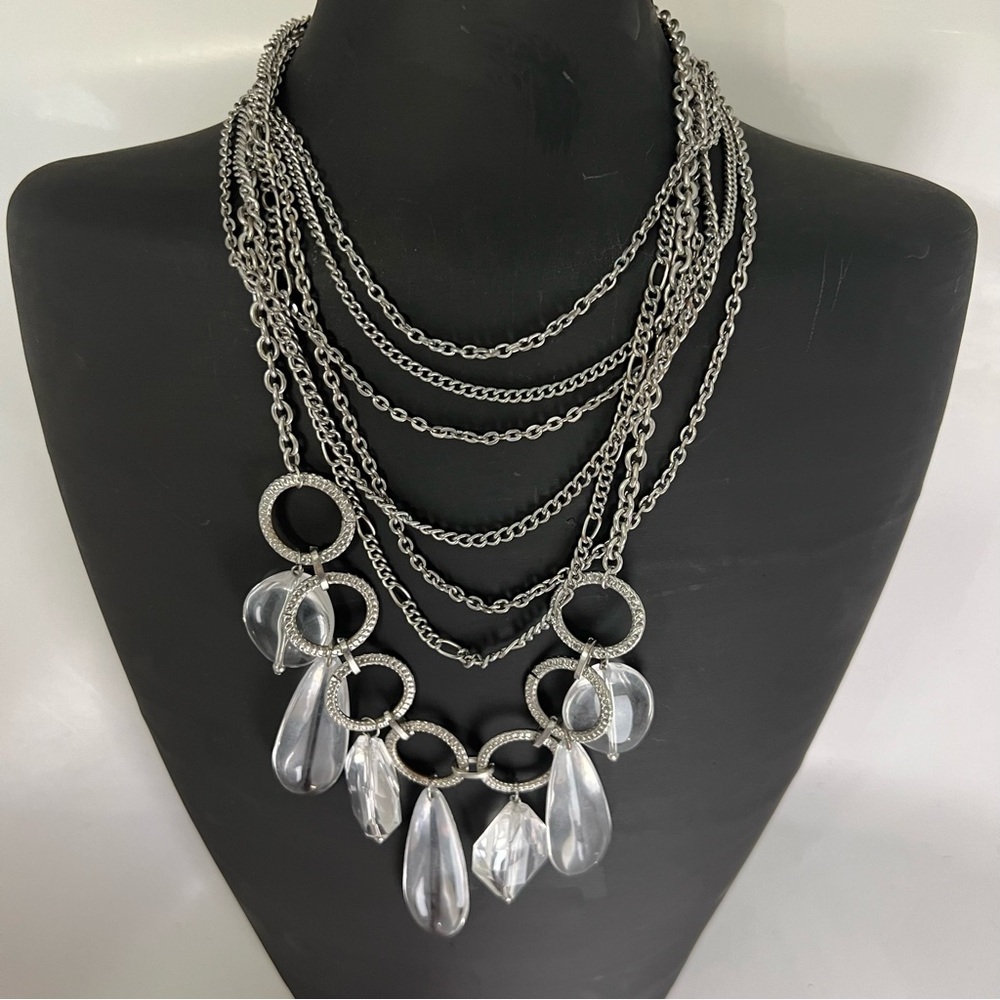UNIQUE Silver tone multi chain necklace‎ with clear large beads